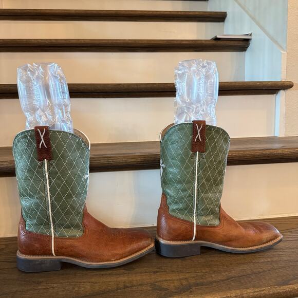 Twisted X Youth Square Toe Cowboy Boots Brown Green Leather Cross YBK0005 4.5M - Picture 4 of 8